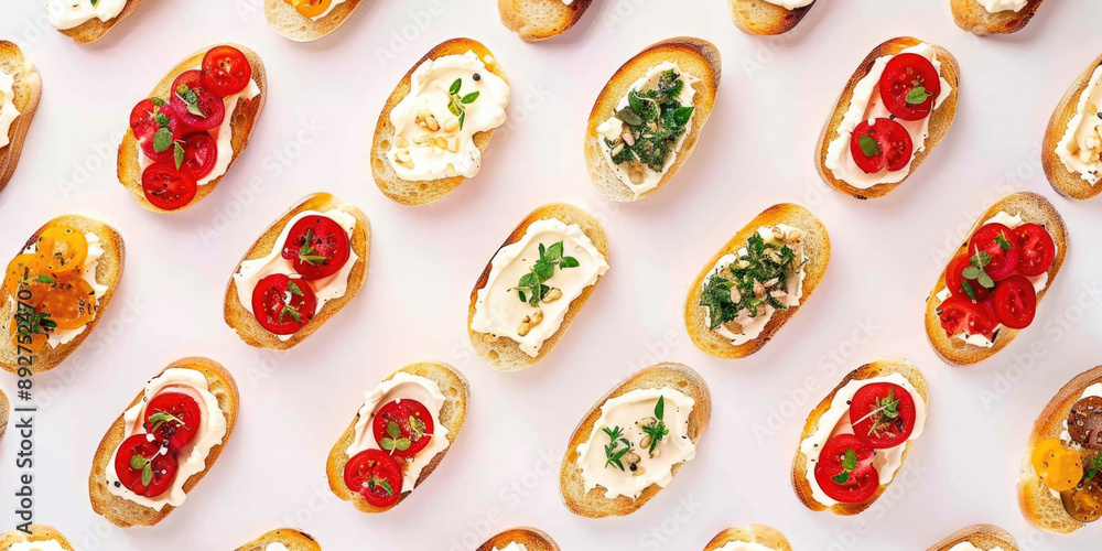 horizontal banner for a catering company, a set of bruschetta with vegetables and herbs, an assortment of sandwiches and snacks, pattern, top view, white background horizontal banner for a catering company, a set of bruschetta with vegetables and herbs, an assortment of sandwiches and snacks, pattern, top view, white background