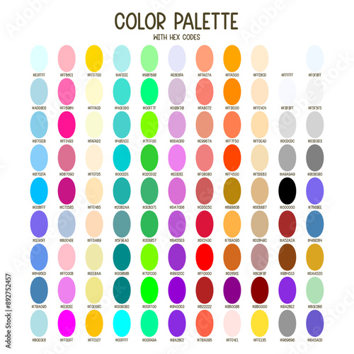 Colorful color palette with hex codes for web banner design or site template, or cute stickers and kids illustration. Full color spectrum.