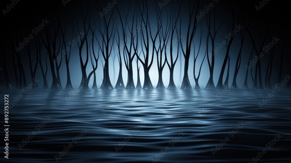 Obraz premium A shadowy, eerie swamp with dark water and twisted trees to depict worry and sin