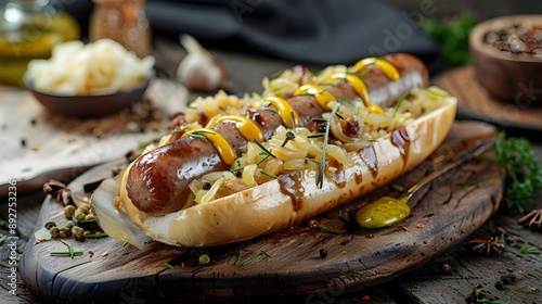 Wallpaper Mural A hearty German bratwurst with sauerkraut and mustard, served on a rustic wooden board. Restaurant food menu Torontodigital.ca