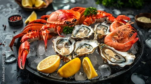 A luxurious seafood platter, featuring oysters, shrimp, lobster, and crab, served on a bed of ice with lemon wedges. Restaurant food menu photo