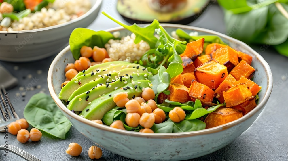 A colorful and healthy Buddha bowl, filled with quinoa, chickpeas, avocado, roasted sweet potatoes, and fresh greens. Restaurant food menu A colorful and healthy Buddha bowl, filled with quinoa, chickpeas, avocado, roasted sweet potatoes, and fresh greens. Restaurant food menu