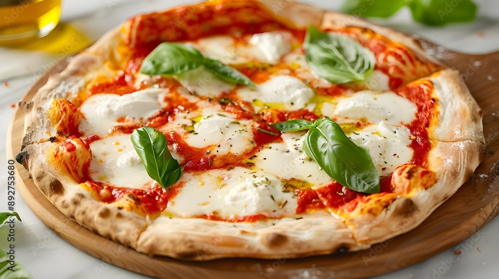 A classic Italian Margherita pizza, with a thin, crispy crust, fresh mozzarella, basil leaves, and a drizzle of olive oil. Restaurant food menu A classic Italian Margherita pizza, with a thin, crispy crust, fresh mozzarella, basil leaves, and a drizzle of olive oil. Restaurant food menu