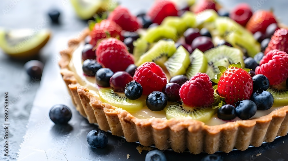 A colorful fruit tart, with a buttery crust and an array of fresh berries and kiwi slices on top. Restaurant food menu A colorful fruit tart, with a buttery crust and an array of fresh berries and kiwi slices on top. Restaurant food menu