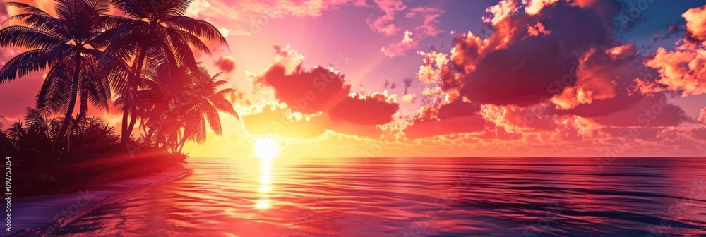 Tropical beach at sunrise. Palm trees and sea waves. Paradise island. Trip, travel and vacation theme Tropical beach at sunrise. Palm trees and sea waves. Paradise island. Trip, travel and vacation theme