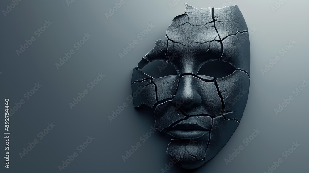 A fragmented, dark mask with ominous cracks symbolizing sin and worry A fragmented, dark mask with ominous cracks symbolizing sin and worry
