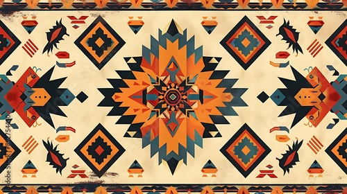 A detailed geometric pattern with bold Hispanic cultural motifs