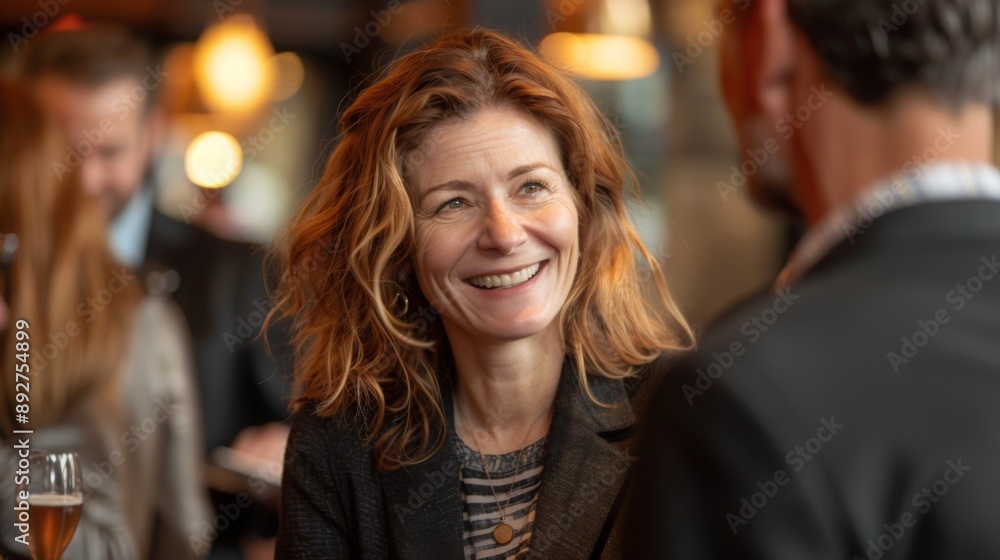 A cheerful woman smiling and engaging in conversation at a lively social event, surrounded by friends and warm lighting A cheerful woman smiling and engaging in conversation at a lively social event, surrounded by friends and warm lighting