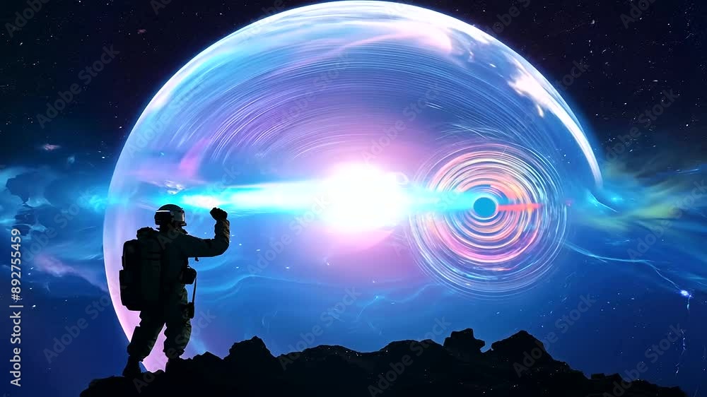 Astronaut stands on alien rock before a swirling nebula wormhole, blending sci-fi imagination with augmented reality. Astronaut stands on alien rock before a swirling nebula wormhole, blending sci-fi imagination with augmented reality.