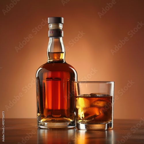 A bottle of whiskey next to a glass of whiskey Suitable for alcohol and beverage themes