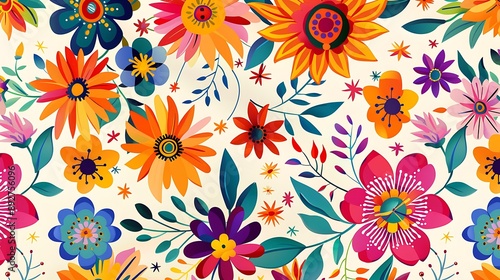 A seamless pattern of colorful floral motifs representing Hispanic heritage