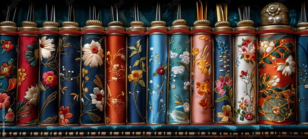 Fototapeta premium Colorful and ornate pipes lined up in a row, showcasing intricate designs and vibrant hues.