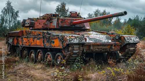 Abandon destroyed modern tank left on field after battle and gets rust and overgrows with grass.  photo