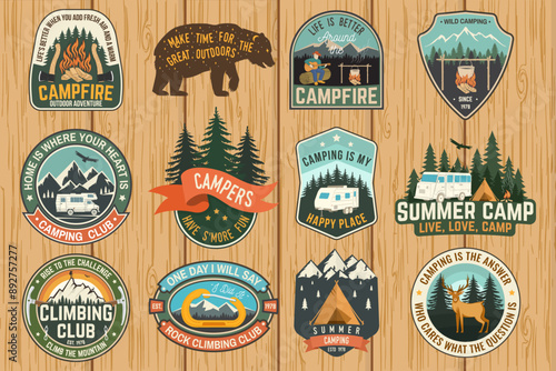 Set of Rock Climbing club and summer camp badges. Vector. Concept for shirt or print, stamp, patch. Vintage typography design with camping tent, trailer, camper, climber, carabiner and mountains.