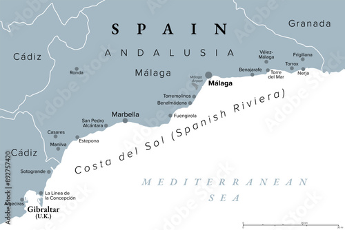Costa del Sol, Spanish Riviera in Andalusia, gray political map. World-renowned tourist destination, a region south of Spain, coastline from Gibraltar to Nerja with largest cities Malaga and Marbella.