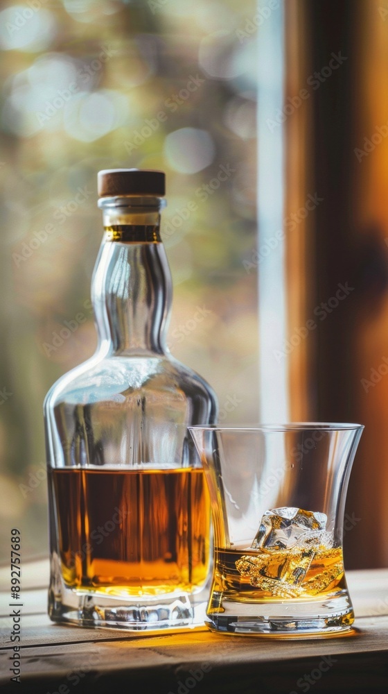 A bottle of whiskey next to a glass of whiskey Suitable for alcohol and beverage themes A bottle of whiskey next to a glass of whiskey Suitable for alcohol and beverage themes