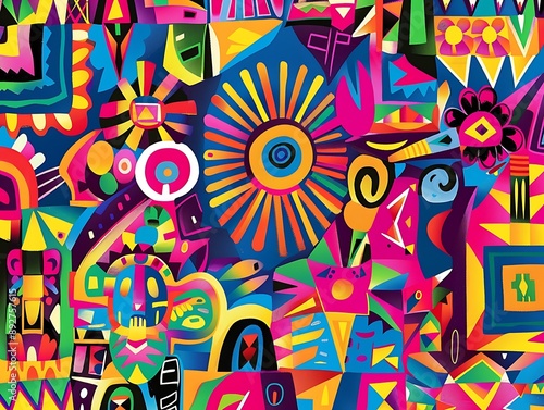 An abstract design with colorful Hispanic cultural motifs