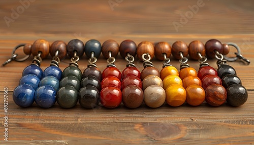  Colorful beads lined up on a wooden table. photo