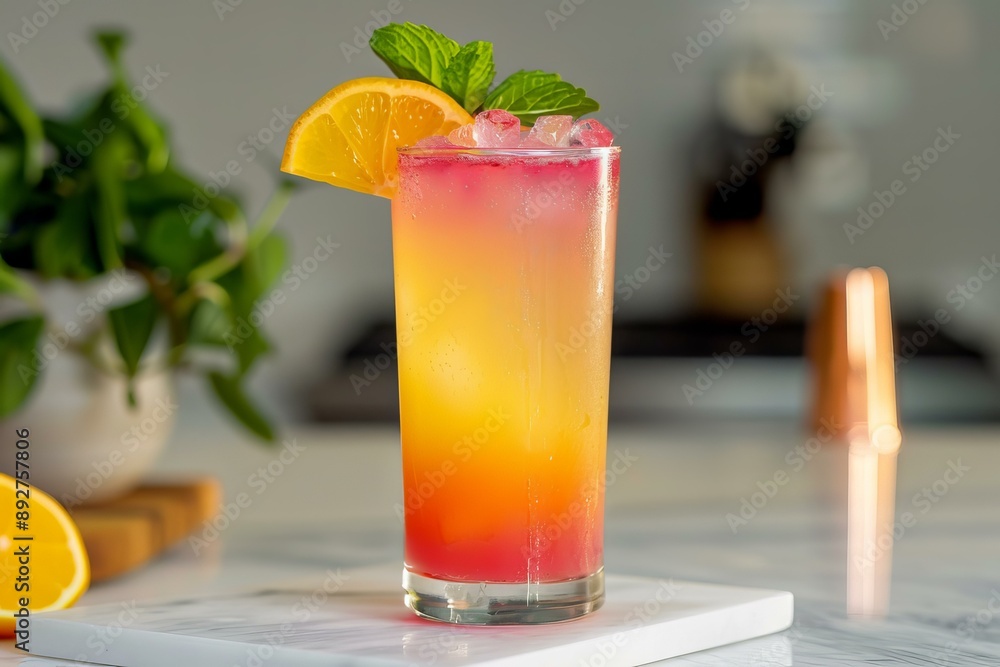 Colorful citrus cocktail with ice, garnished with a fresh mint sprig and orange slice on a modern kitchen backdrop Colorful citrus cocktail with ice, garnished with a fresh mint sprig and orange slice on a modern kitchen backdrop