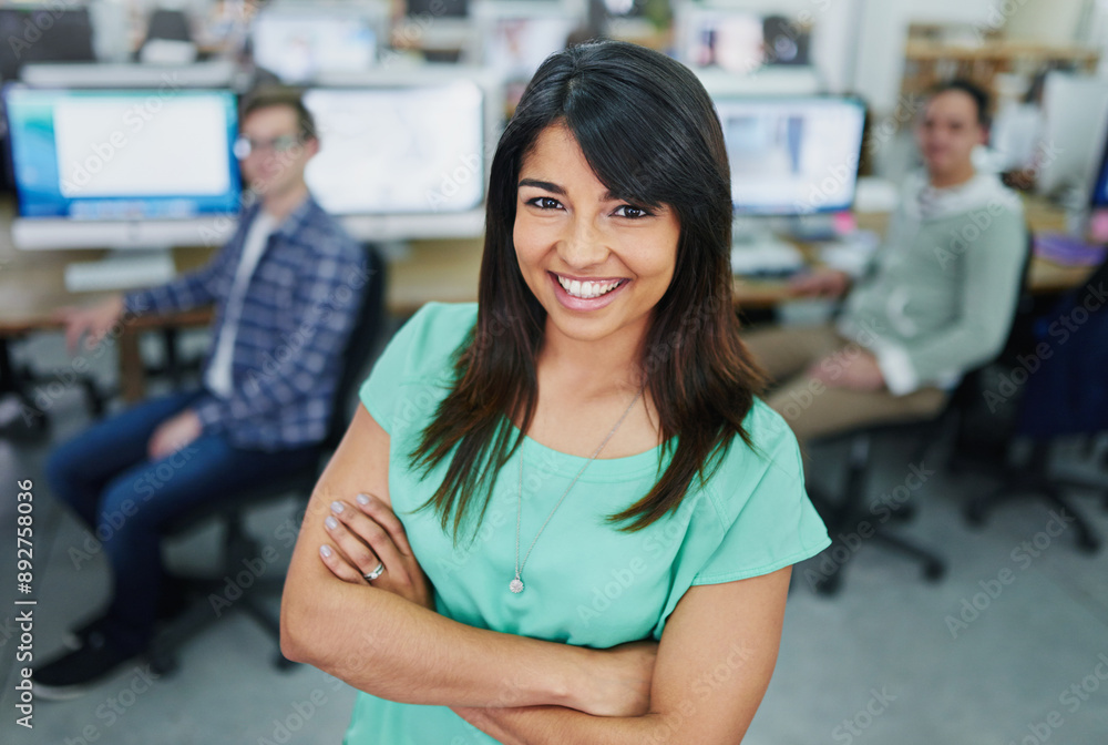 Fototapeta premium Portrait, arms crossed and woman in office, business and proud with smile, coworking and internship. Creative, graphic designer and opportunity in agency, happy and confidence of person in startup