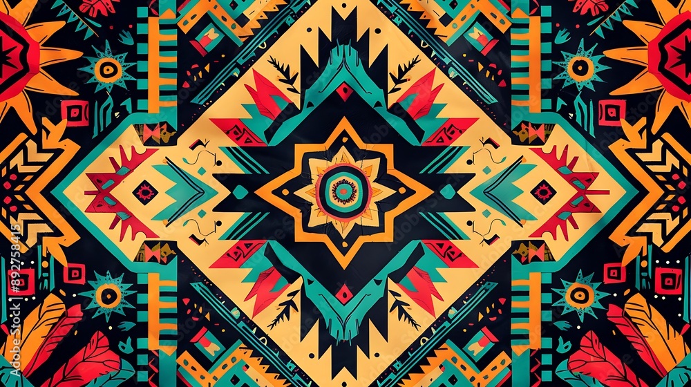 An intricate geometric pattern with vibrant Hispanic cultural motifs An intricate geometric pattern with vibrant Hispanic cultural motifs