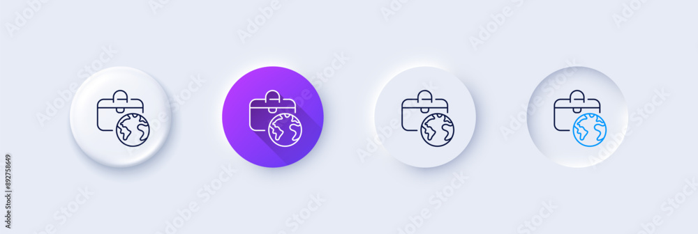 Global business line icon. Neumorphic, Purple gradient, 3d pin buttons. Trade market sign. Outsourcing job symbol. Line icons. Neumorphic buttons with outline signs. Vector Global business line icon. Neumorphic, Purple gradient, 3d pin buttons. Trade market sign. Outsourcing job symbol. Line icons. Neumorphic buttons with outline signs. Vector