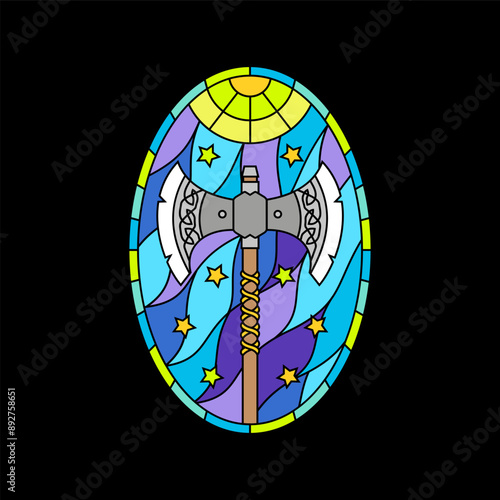 Medieval battle axe colorful stained glass window. Colored gothic mosaic decoration for interior. Vector illustration. photo