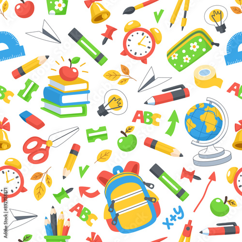 Back to school seamless pattern. Background of school supplies - backpack, books, stationery and more.