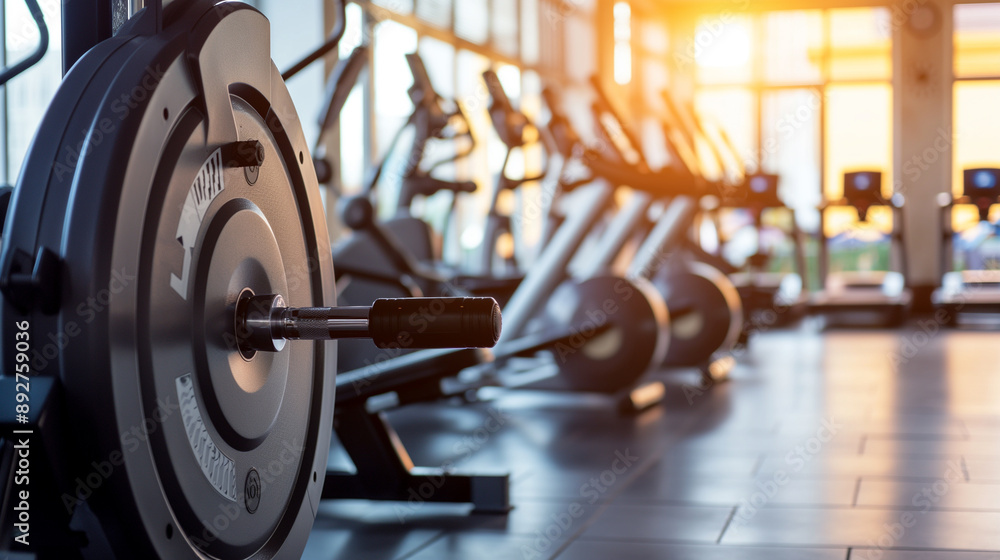 Fototapeta premium Imagine an image with gym weights on a floor surrounded by industrial elements like old wooden and steel ship machinery, wheels, and factory tools The scene blends modern fitness with antique industri