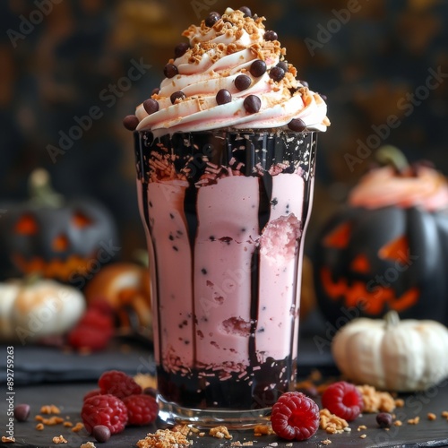 Halloween, Themed Raspberry Chocolate Milkshake with Whipped Cream and Sprinkles photo