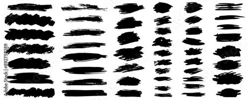 Set of black paint, ink brush strokes, brushes, lines. Dirty artistic design elements, boxes, frames for text. Vector illustration