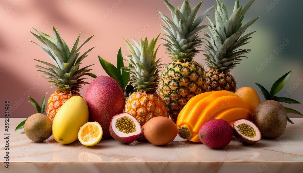 A colorful array of tropical fruits on a marble countertop, including mangoes, pineapples, A colorful array of tropical fruits on a marble countertop, including mangoes, pineapples,