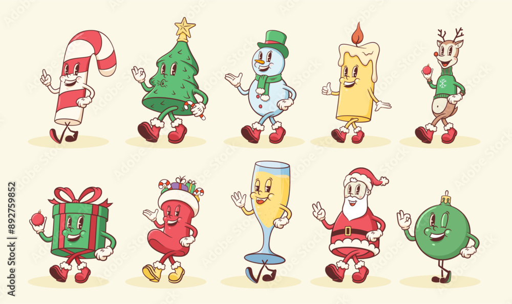 Naklejka premium Groovy Christmas Retro Characters Set. Cartoon Santa, Tree, Reindeer, Snowman and Gift. Vector Winter Holiday Mascot Templates. Happy Vintage Cool New Year Personage Illustrations Collection Isolated