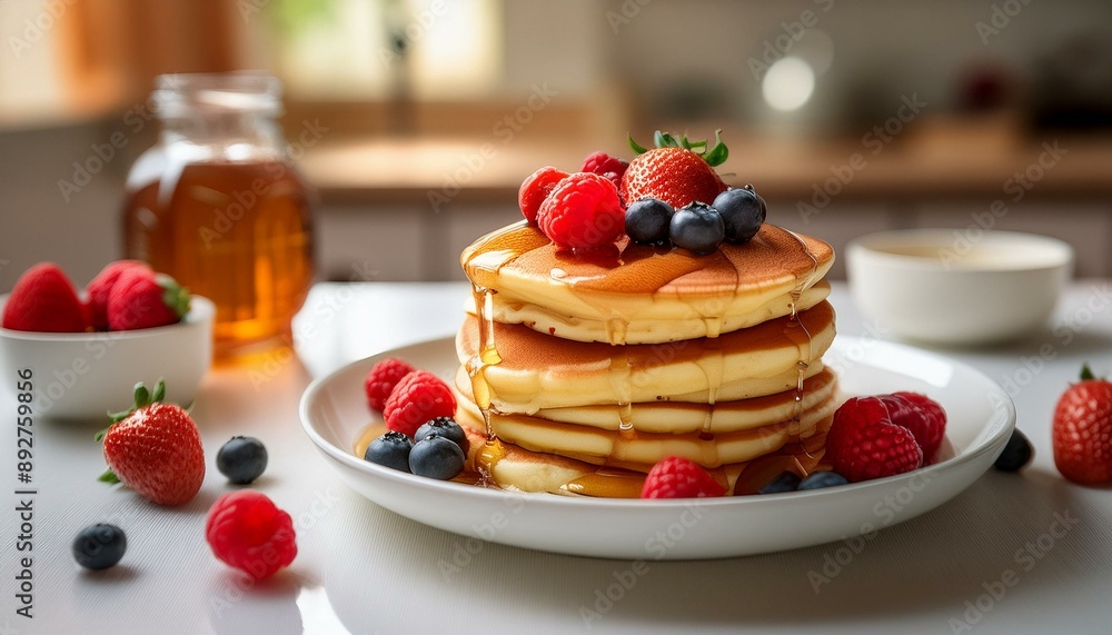 A stack of fluffy pancakes topped with fresh berries and a drizzle of maple syrup, placed on A stack of fluffy pancakes topped with fresh berries and a drizzle of maple syrup, placed on