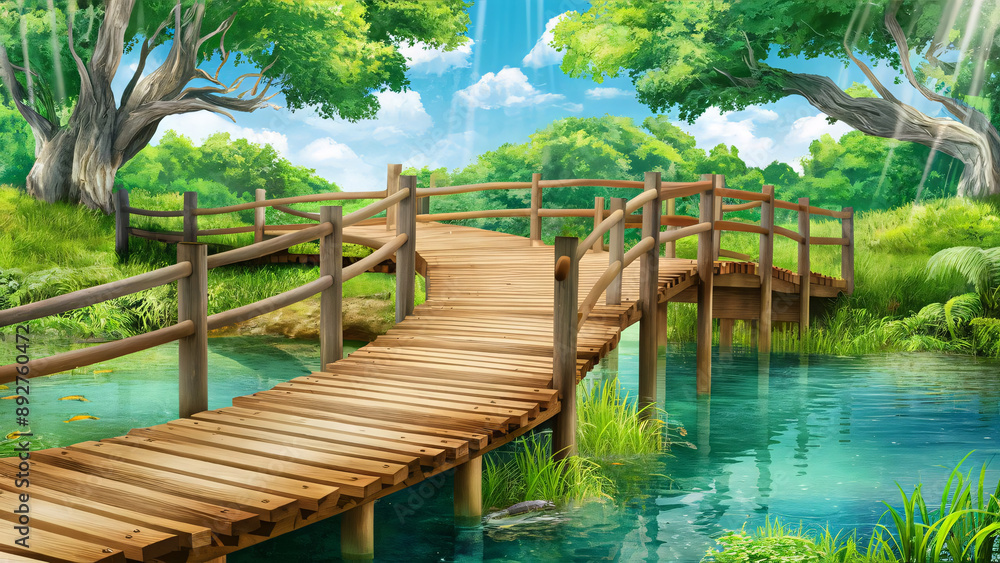 Fototapeta premium Serene Wooden Walkway Through Lush Forest