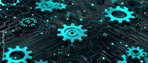 Sophisticated Futuristic Digital Technology Background Featuring Teal Gears and Cogs on Black, Perfect for Advanced Mechanical Innovation