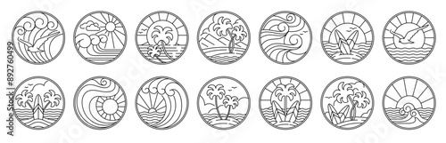 Surf icons. Beach club logo. California or Hawaii sun island. Line sea waves and simple summer surfboard. Ocean sunset. Surfing symbols. Tropical palms. Vector graphic round badges set