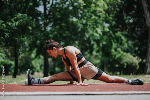 Female athlete performing stretch exercises on track in outdoor park. Focused on fitness and flexibility training. © qunica.com