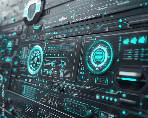 Sophisticated Grey and Turquoise Tech Background with Sleek Virtual Interface Elements, Perfect for Advanced Communication and Innovation Concepts