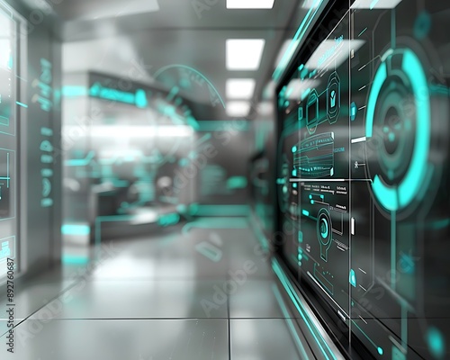 Sophisticated Grey and Turquoise Tech Background with Sleek Virtual Interface Elements in a Virtual Office, Perfect for Advanced Communication and Innovation Concepts