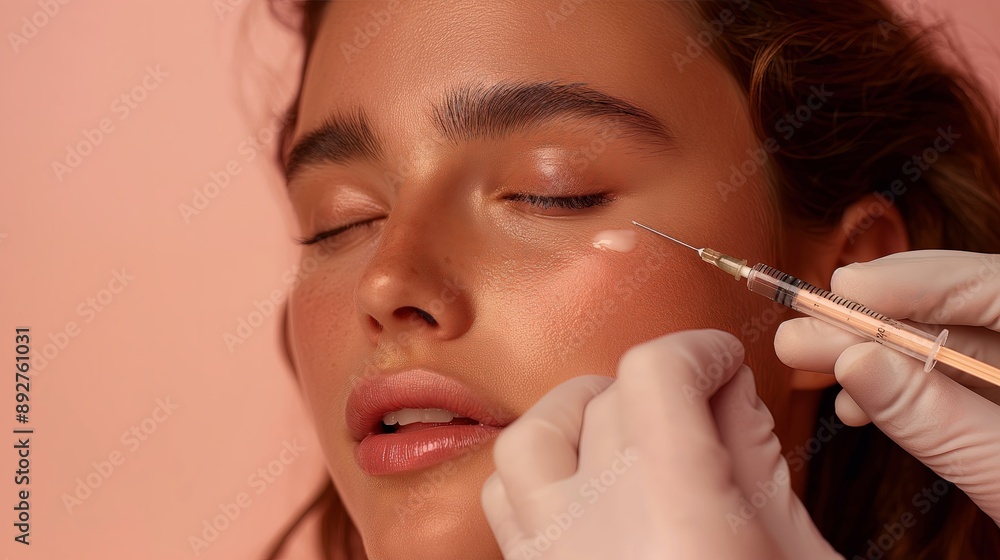 Woman Receiving Facial Injection on Peach Background, Suitable for Beauty and Skincare Promotions Woman Receiving Facial Injection on Peach Background, Suitable for Beauty and Skincare Promotions