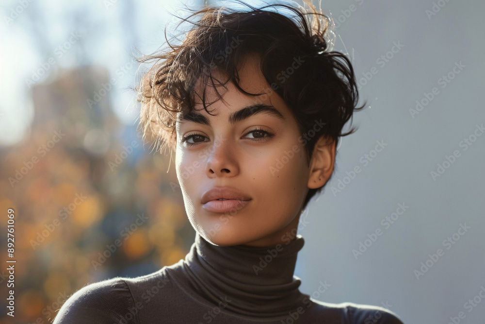A confident Hispanic woman with short hair wearing a turtleneck looking at the camera. Suitable for fashion, diversity, and lifestyle themes. A confident Hispanic woman with short hair wearing a turtleneck looking at the camera. Suitable for fashion, diversity, and lifestyle themes.