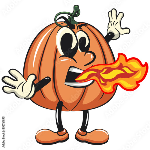 character of a cute pumpkin cartoon vector isolated clip art mascot illustration spitting out spicy fire, work of hand drawn