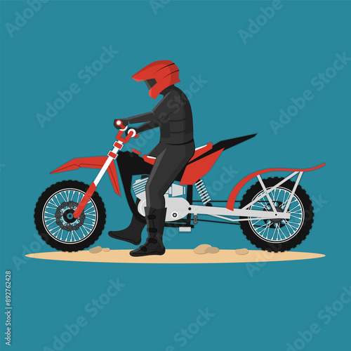 Rider on motorcycle for mountain hill. Rocket Dirt Bike Race. Vector. Sport motorbike for extreme jump and race.