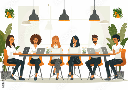 Diverse Business Team Discussing Strategy at Modern Office Table with Laptops and Plants in Minimalistic Vector Illustration