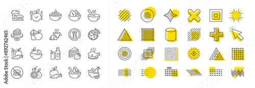 Vegatable dish, poke bowl food and healthy salad set. Design shape elements. Meal line icons. Pizza, pasta spaghetti bowl and burger line icons. Breakfast meal, vegetable salad and fish. Vector