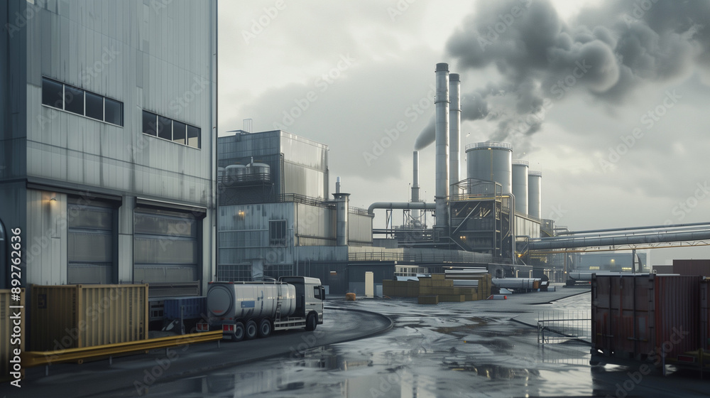 Obraz premium Industrial factory exterior with smokestacks and containers
