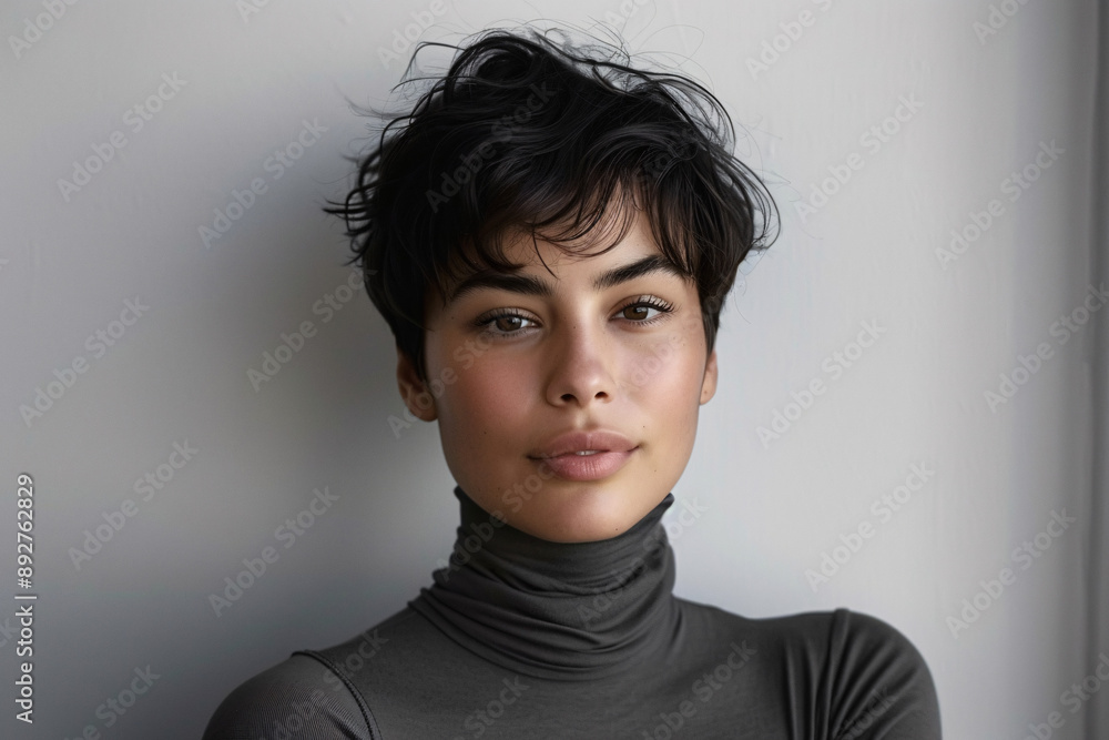 A confident and stylish Hispanic woman with short hair wearing a turtleneck, looking at the camera. Suitable for lifestyle, fashion, and diversity concepts. A confident and stylish Hispanic woman with short hair wearing a turtleneck, looking at the camera. Suitable for lifestyle, fashion, and diversity concepts.