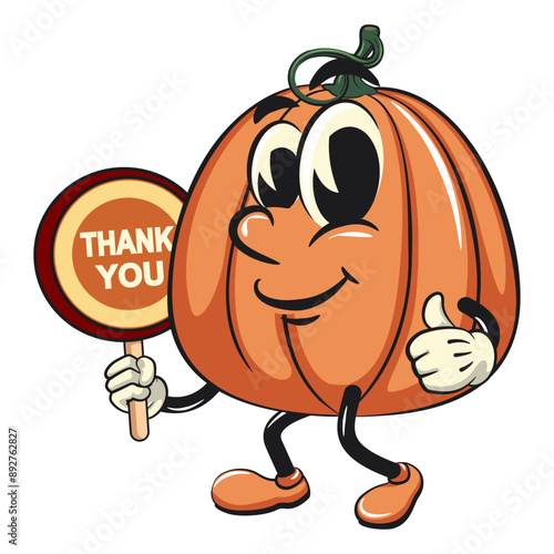 character of a cute pumpkin cartoon vector isolated clip art mascot illustration carrying a sign saying thank you, work of hand drawn