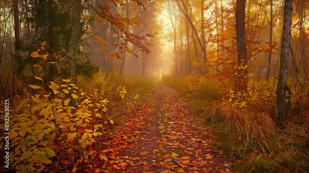 Fototapeta premium Misty forest path with fall foliage
